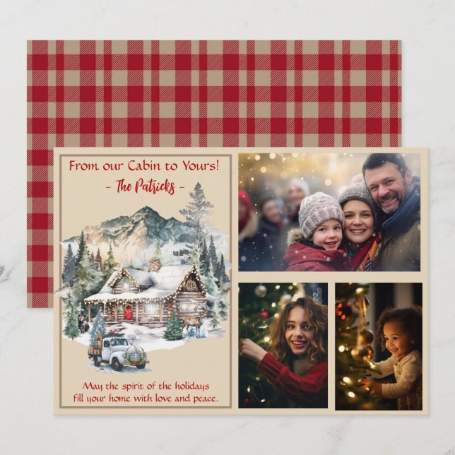 Cartão De Festividades Cabine de Log nas Montanhas Natal 3 Foto (Frente/Verso)