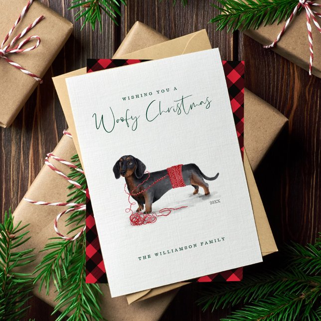 Cartão De Festividades Cachemora Naufragada Dachshund Shredded Sweater (Naughty Dog Watercolor Dachshund Shredded Sweater Holiday Card)