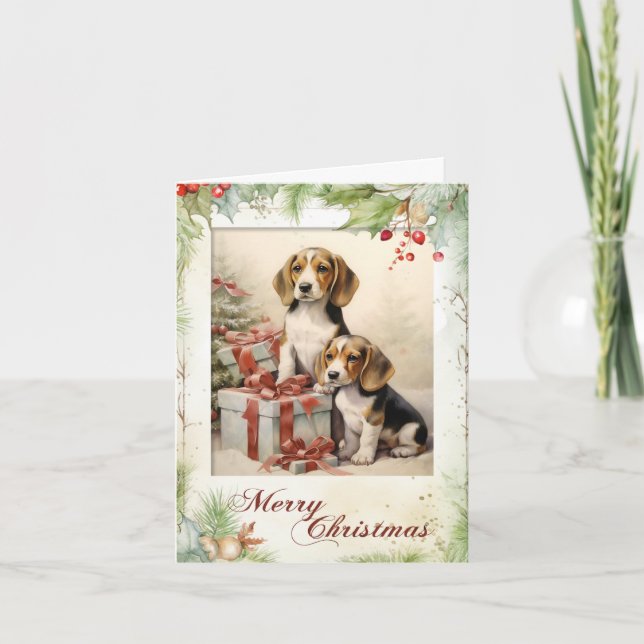 Cartão De Festividades Cachorrinho Beagle Vitoriano no Natal (Frente)