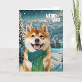 Cartão De Festividades Cachorro Akita com Cachecol de Inverno Alegre Woof