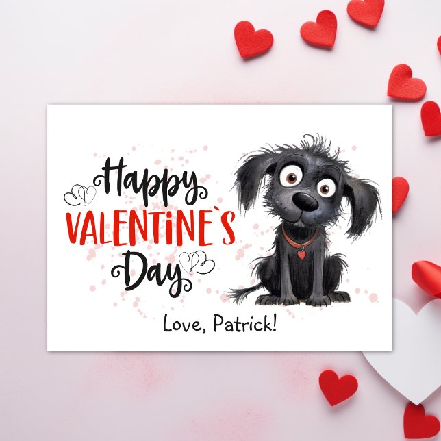 Cartão De Festividades Cachorro Aquarela Preta Puppy Namorados Felizes (Cute Watercolor Black Puppy Happy Valentines Holiday Card - Cute Cartoon Black Puppy, Printable)