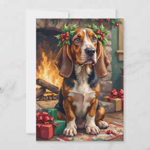 Cartão De Festividades Cachorro Basset Hound Adorável com Coroa de Natal