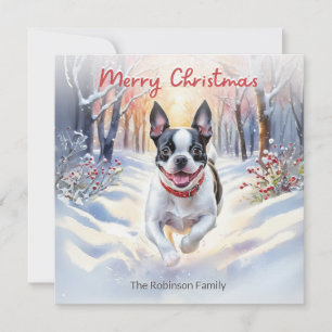 Cartão De Festividades Cachorro Bonito Boston Terrier no Natal na Neve de