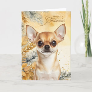 Cartão De Festividades Cachorro Chihuaua Marrom Natal Pinheiros Dourados