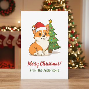 Cartão De Festividades Cachorro Corgi Fofo com um Chapéu Vermelho com Árv