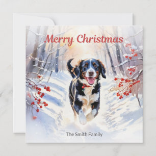 Cartão De Festividades Cachorro Cute Springador na Neve Natal aquarela