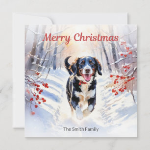 Cartão De Festividades Cachorro Cute Springador na Neve Natal aquarela
