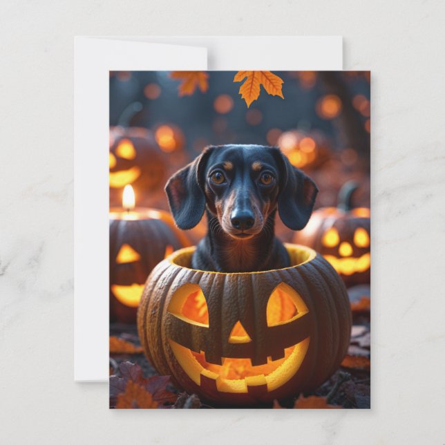 Cartão De Festividades Cachorro Dachshund Fofo de Halloween Dentro de Abó (Frente)