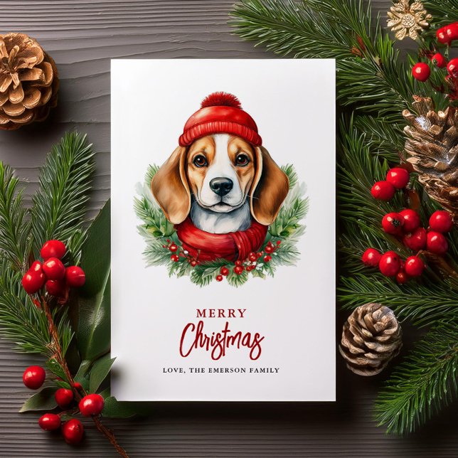 Cartão De Festividades Cachorro de Beagle de Natal com Aquarela (Criador carregado)