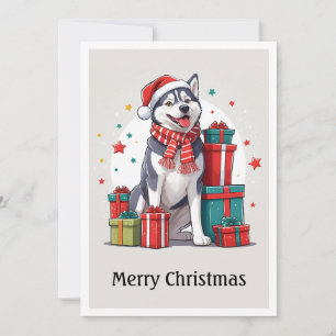 Cartão De Festividades Cachorro de Natal Bonito, Husky Santa Claus Siberi