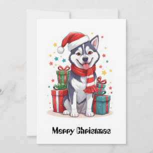 Cartão De Festividades Cachorro de Natal Bonito, Husky Santa Claus Siberi
