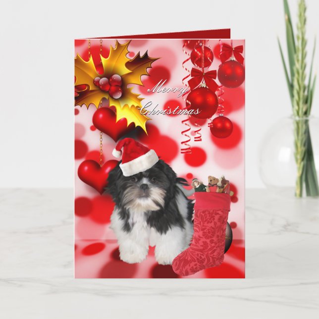 Cartão De Festividades Cachorro de Natal Shitzu Puppy Hat Hearts (Frente)
