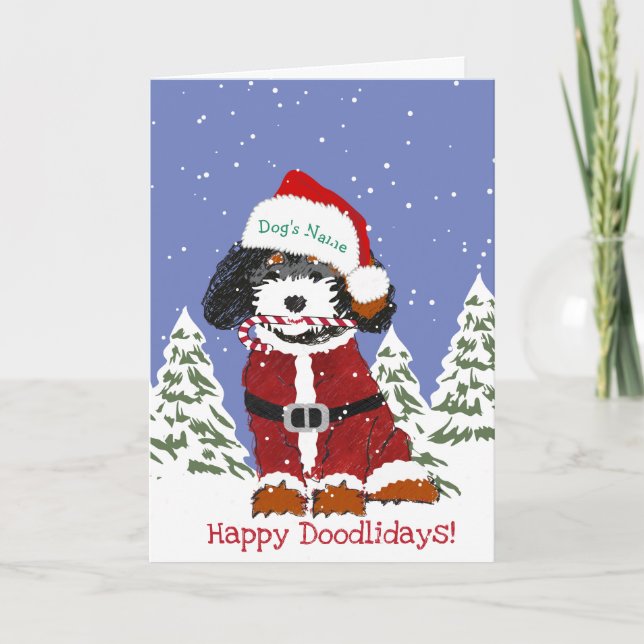 Cartão De Festividades Cachorro de Papais noeis de Bernedoodle Desenhados (Frente)