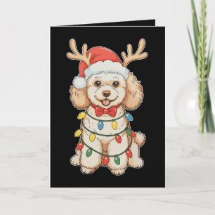 Cartão De Festividades Cachorro de Poodle de Natal Rena Santa Chapéu Luz