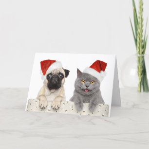 Cartão De Festividades Cachorro E Gato No Chapéu Vermelho De Natal