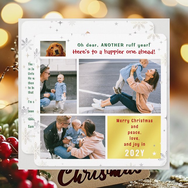 Cartão De Festividades Cachorro Engraçado Ano da Paz Amar Alegria 4 Fotos (Cute Funny Dog Oh Dear Ruff Year Merry Christmas 5 Photos Peace Love Joy Elegant Xmas Tree Letter)