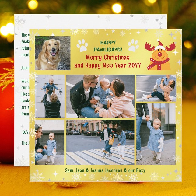 Cartão De Festividades Cachorro Engraçado Rudolph Happy Pawlidays Ouro 7  (Funny Golden Happy Pawlidays Christmas Card. Dog Photo + Rudolph the Reindeer + 6 Family Photos Snow)