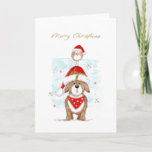 Cachorro Fofo e Papai Noel de Natal com Pássaro