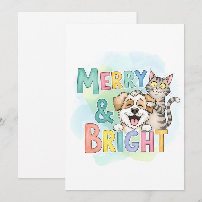 Cartão De Festividades Cachorro Fofo & Gato Alegre & Brilhante  (Frente/Verso)