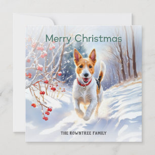 Cartão De Festividades Cachorro Fox Terrier Fofo na Neve Feliz Natal