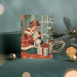 Cartão De Festividades Cachorro Garota Retro Árvore de Natal Natal Vintag
