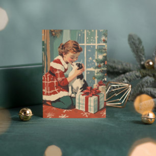 Cartão De Festividades Cachorro Garota Retro Árvore de Natal Natal Vintag