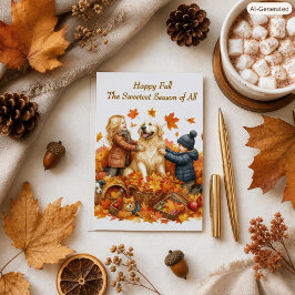 Cartão De Festividades Cachorro Golden Retriever da Família Folhas de Out