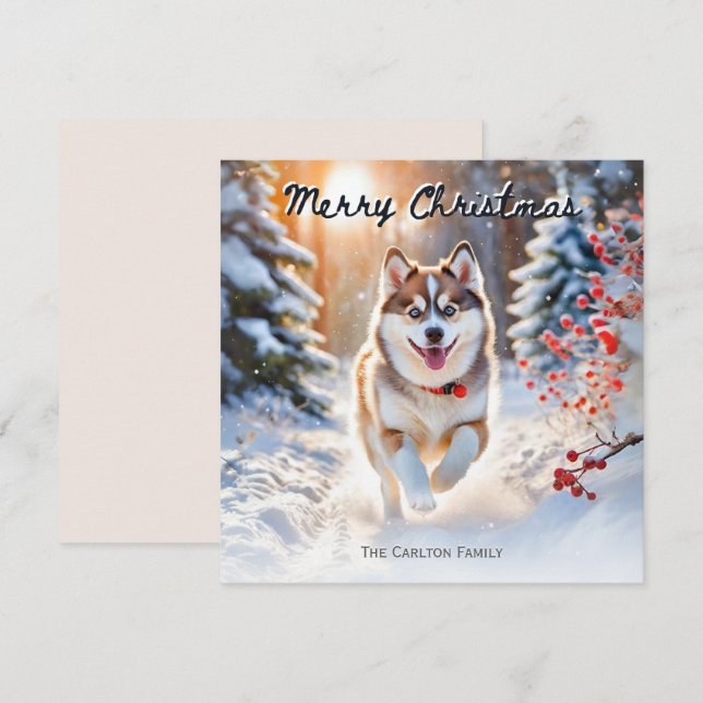 Cartão De Festividades Cachorro Pomsky Bonito Na Neve Inverno Feliz Natal (Frente/Verso)