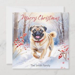 Cartão De Festividades Cachorro Pug Fofo na Neve Aquarela Feliz Natal