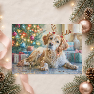 Cartão De Festividades Cachorro Retriever Dourado Chifres de Rena Natal
