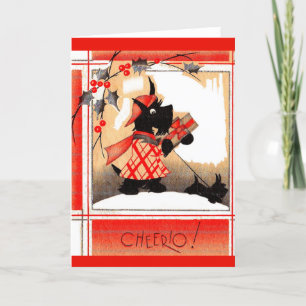 Cartão De Festividades Cachorro Scottie de Natal dos anos 1930 diz ‘Cheer