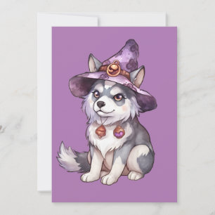 Cartão De Festividades Cachorro Siberian Husky Fofo com Chapéu de Bruxa
