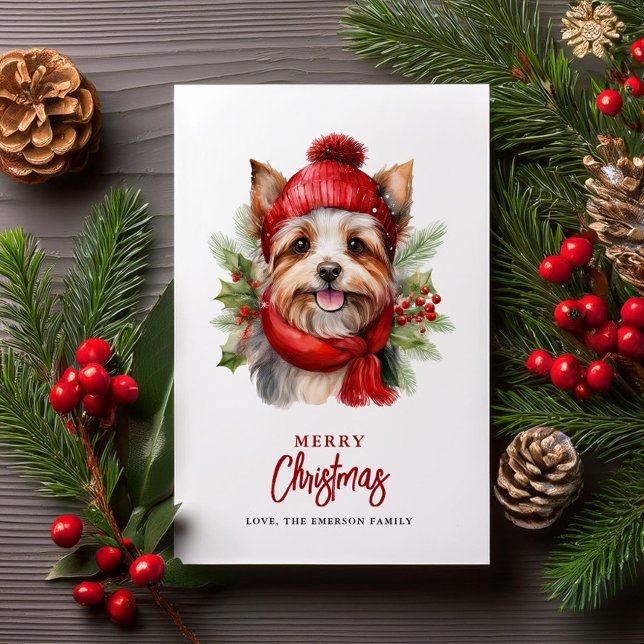 Cartão De Festividades Cachorro Yorkie de Natal com Aquarela (Criador carregado)