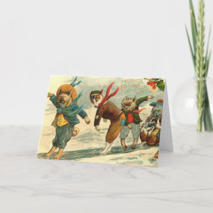 Cartão De Festividades Cães de Feriado Vintage