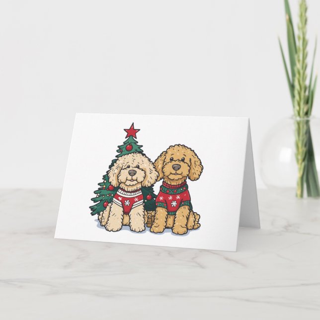 Cartão De Festividades Cães de Goldendoodle de Natal (Frente)
