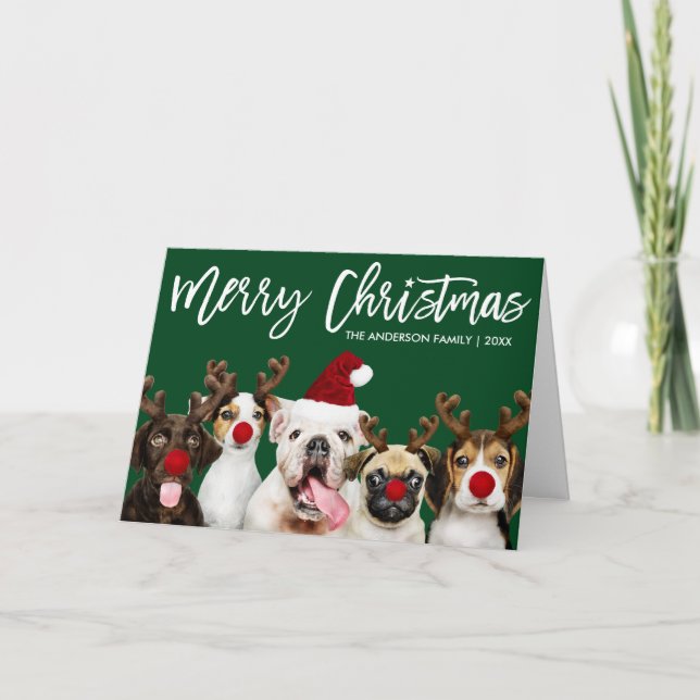 Cartão De Festividades Cães de Natal com Script de Pincel Verde Dobrado (Frente)
