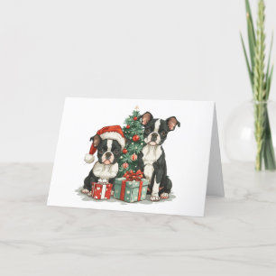 Cartão De Festividades Cães de Natal em Boston Terrier