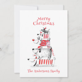 Cartão De Festividades Cães Festivos Engraçados Xadrez Vermelha Feliz Nat