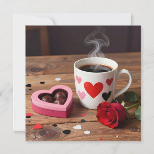 Cartão De Festividades Café, Chocolates, Rosa Vermelha Dia dos Namorados