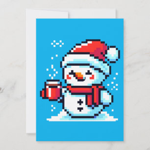 Cartão De Festividades Café Snowman - Design de Natal Cozy Pixel Art