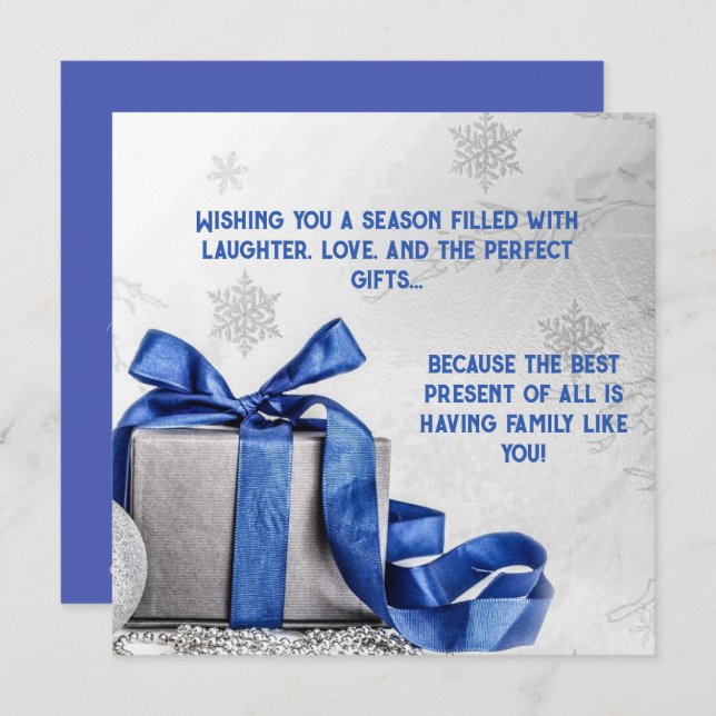 Cartão De Festividades Caixa de presente de Natal elegante com fita azul (Frente/Verso)