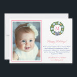 Cartão De Festividades Caixas de Gengibre em Boxwood Préppy Rosa e Laranj<br><div class="desc">Cartão fotográfico de Felizes Festas com espaço para um monograma de uma única letra e uma foto de família. Numa mudança das cores "tradicionais" de Natal, o design contém tons de rosa e laranja inspiradores. Os elementos de aquarela da frente (guirlanda) e do verso (arranjo) foram originalmente pintados à mão...</div>