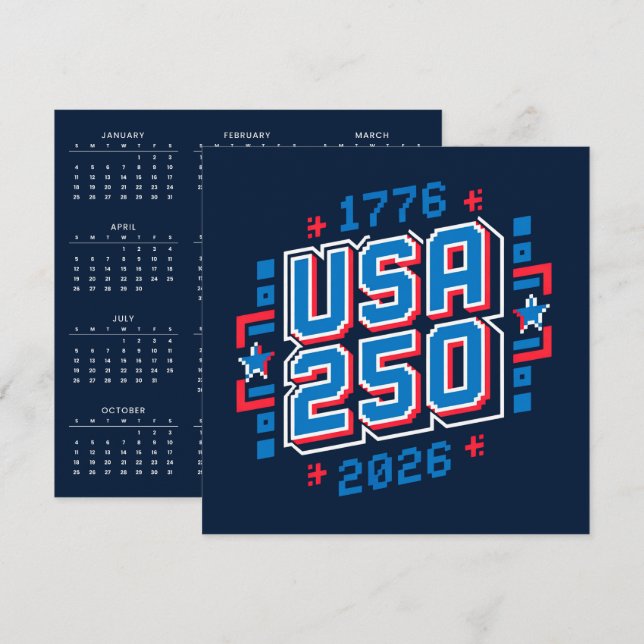 Cartão De Festividades Calendar USA 250 – 1776 to 2026 Pixel Art (Frente/Verso)