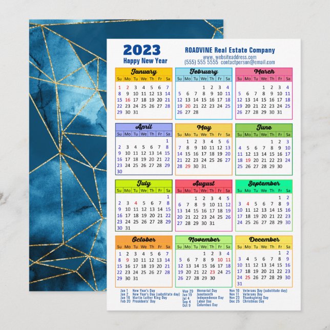 Cartão De Festividades Calendário 2023 Azul Geométrico Moderno (Frente/Verso)