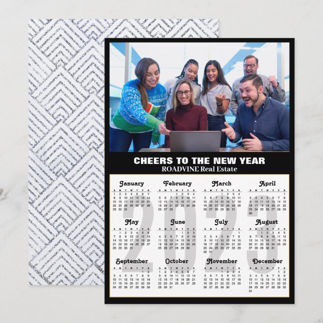 Cartão De Festividades Calendário 2023 Foto Comercial Moderna Prata Negra (Frente/Verso)