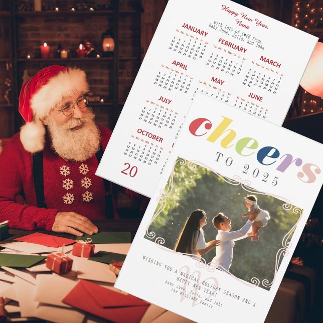 Cartão De Festividades Calendário 2025 Moderno Ano Novo Feriado Foto (2025 Calendar Modern Holiday New Year Photo Holiday Card Elegant Family Monogram)