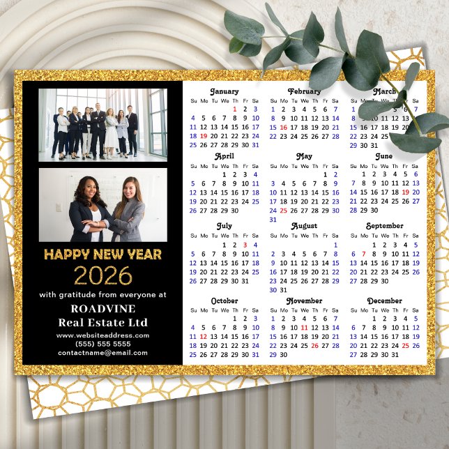 Cartão De Festividades Calendário 2026 Foto Moderno Preto Dourado (Criador carregado)