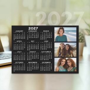 Cartão De Festividades Calendário 2027 3 Fotos Preto Básico Minimalista