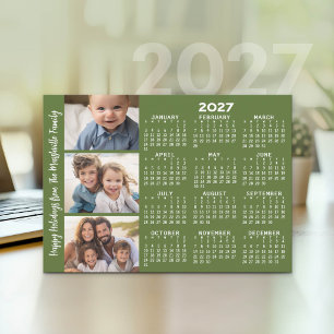 Cartão De Festividades Calendário 2027 com 3 Colagem de Fotos - verde