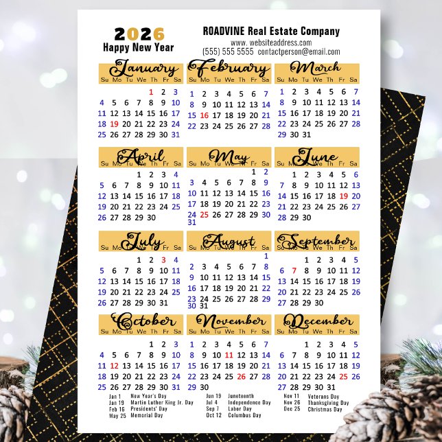 Cartão De Festividades Calendário Comercial 2026 Script Preto Moderno Sim (Criador carregado)